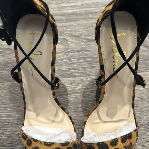 NEW Lulus Size 10 Aimee Suede Leopard Lace Up Heels Black Animal Print Strappy - Picture 6 of 9